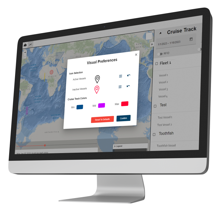 FishVue Fleet interface with a visual preference pop-up mocked up on a desktop computer